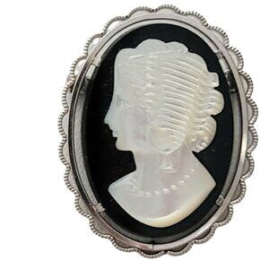 Silver Tone Plated Oval Shell And Glass Left Facing Cameo Brooch, Signed